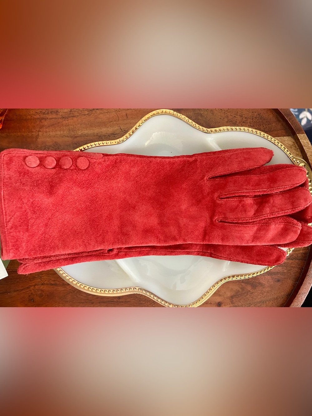 Vintage Long Red Suede Women's Gloves with Snap Buttons • Size Medium